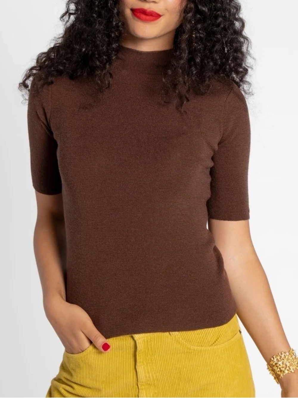 Frances Valentine Brown Short-Sleeve Mock Neck Top